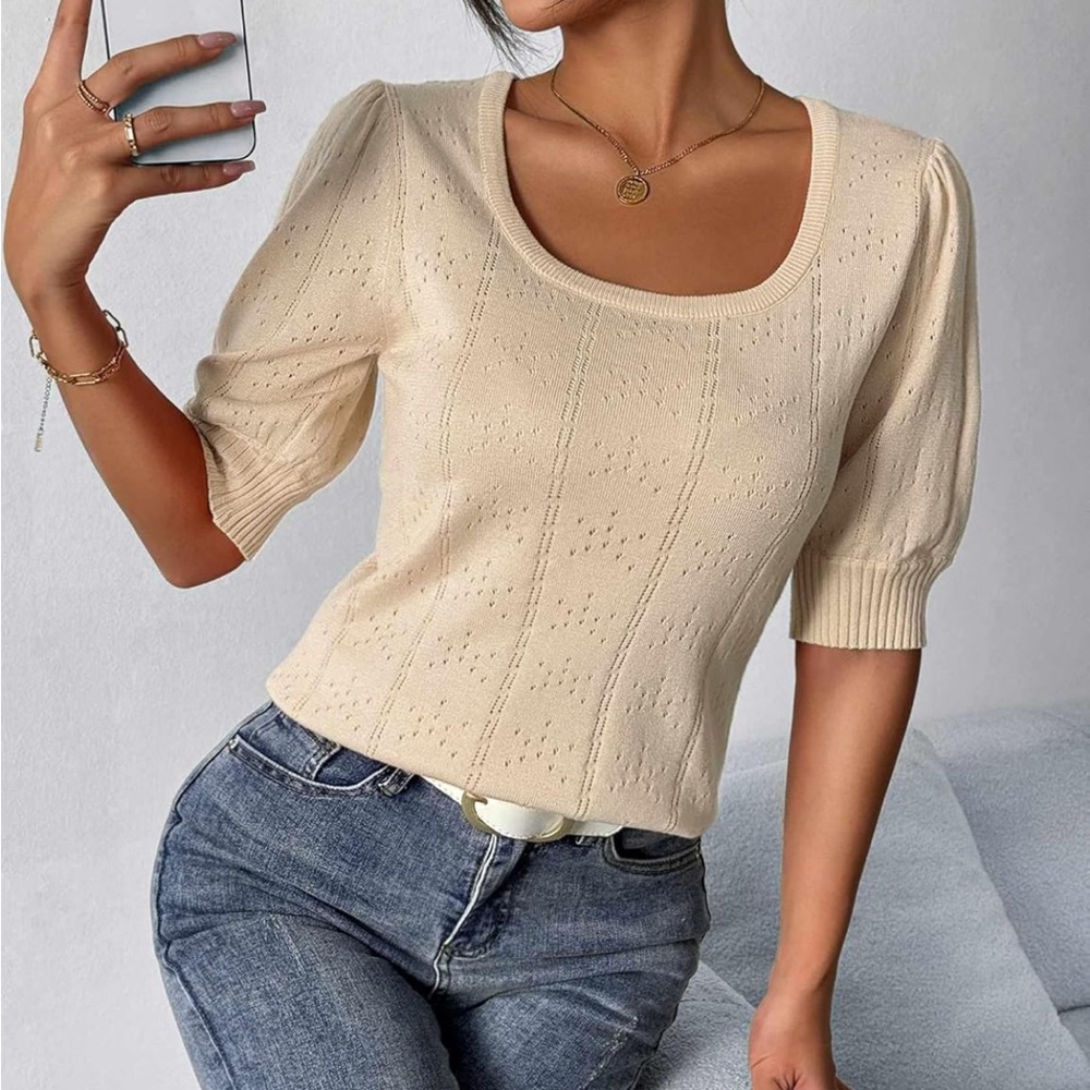 Cream Puff Sleeve Eyelet Knit Top Square Neck Size XL NEW